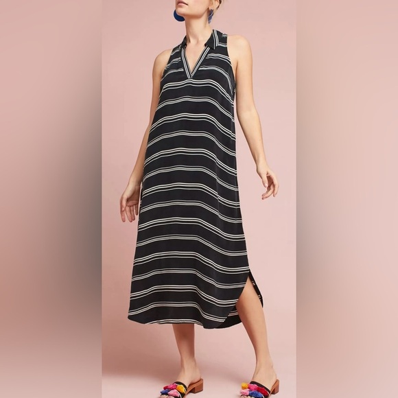 Anthropologie 9-H15 Stcl Cupro Striped Collared Shirt Dress Black and White - Picture 1 of 11
